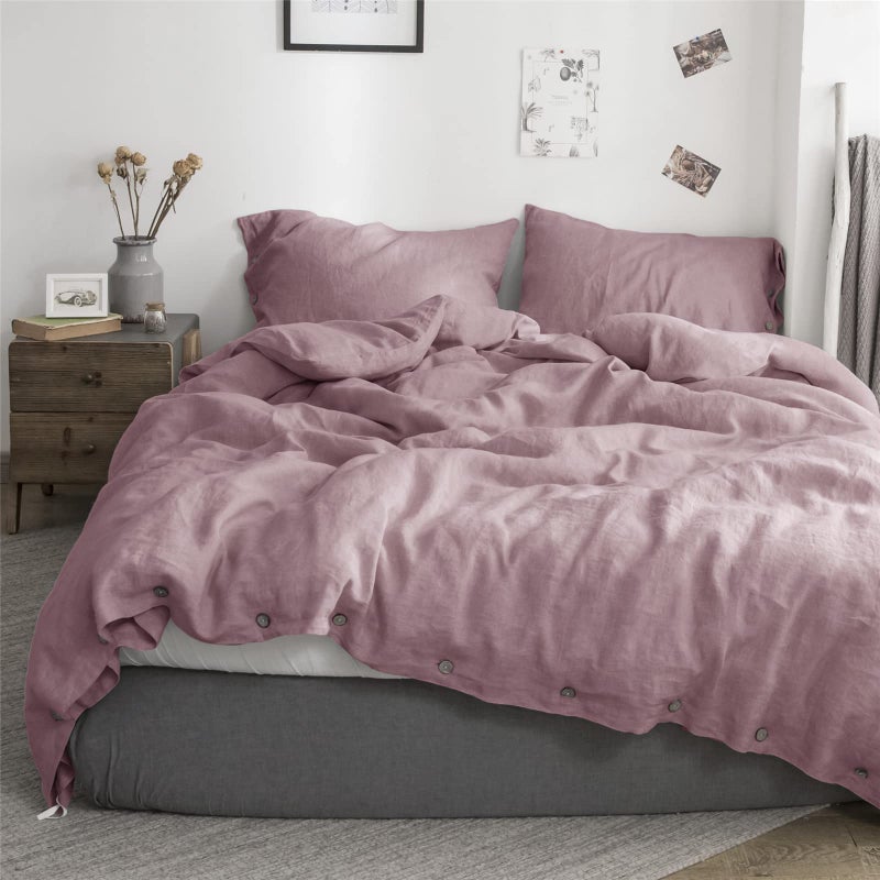 Simple&Opulence 100% Linen Duvet Cover Set 3pcs with Coconut Button Closure Natural French Washed Flax Solid Color Soft Breathable Farmhouse Bedding - Purple, Queen Size - Image 1